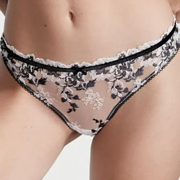 VS L Embroidered Lace Thong Panty White w/ Black Embroidery NWT - Picture 7 of 15
